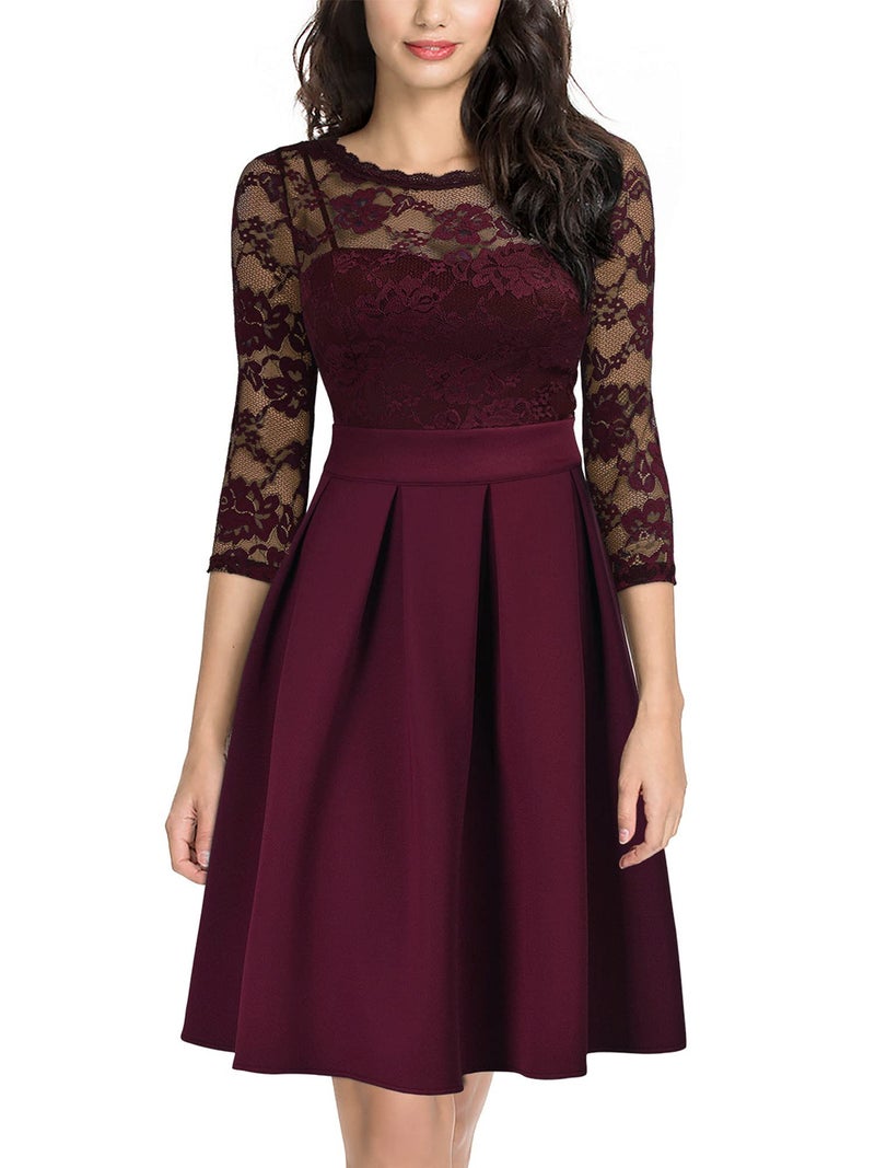 Miusol Women's Vintage Floral Lace 2/3 Sleeve Bridesmaid Party Dress, Wine, X-Large - Image 1
